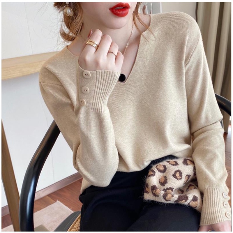 【ZHELIHANGFEI】Áo Len Tay Dài Form Rộng Cổ Chữ V Dễ Phối Đồ