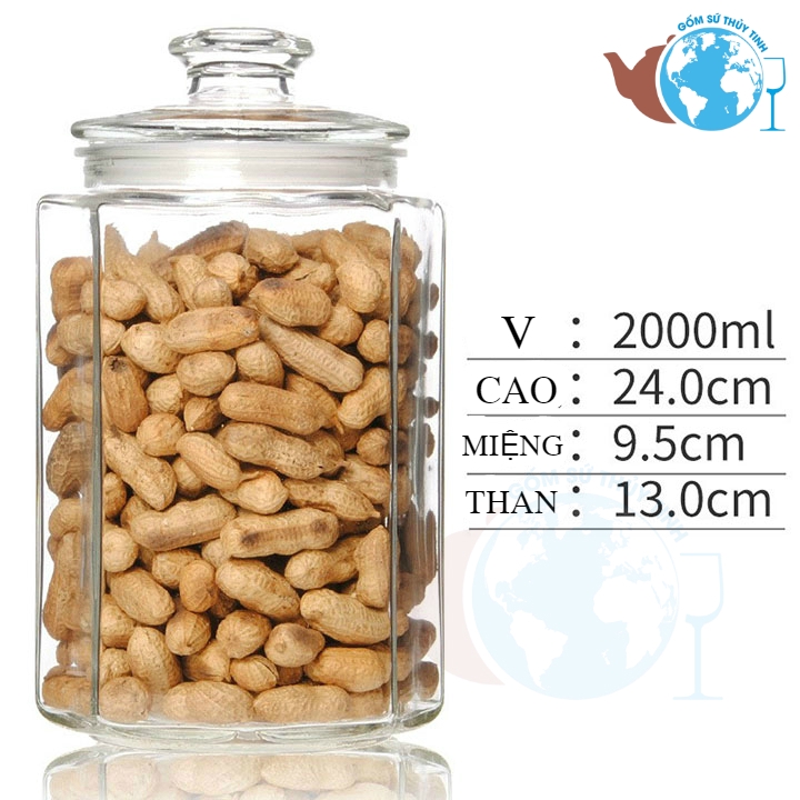 Lọ thủy tinh đựng gia vị thực phẩm lục giác nắp thủy tinh 2000ml