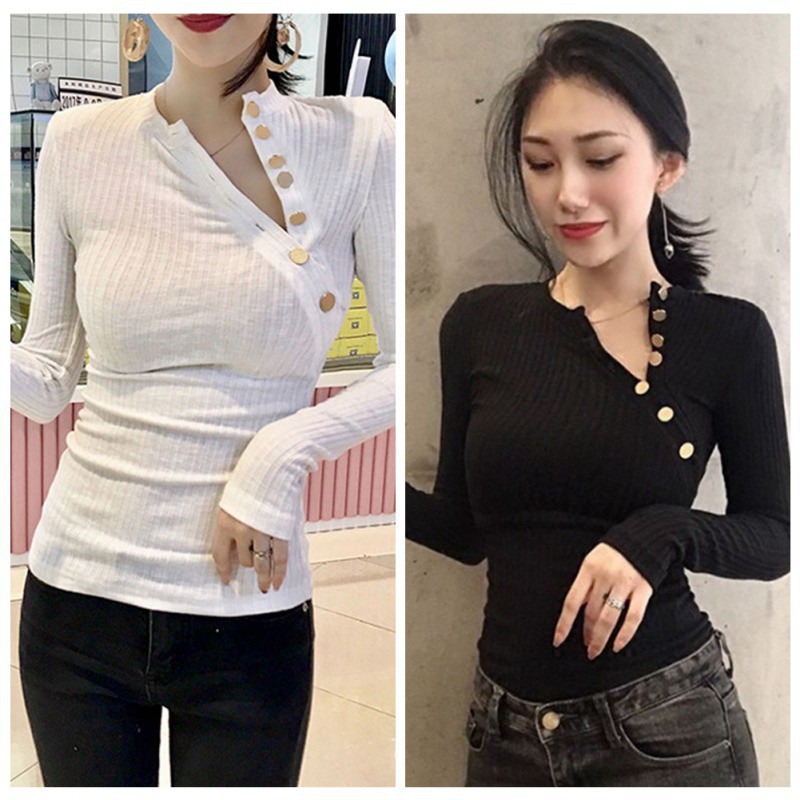 Áo thun tay dài cổ phối nút sành điệu và quyến rũ cho nữ