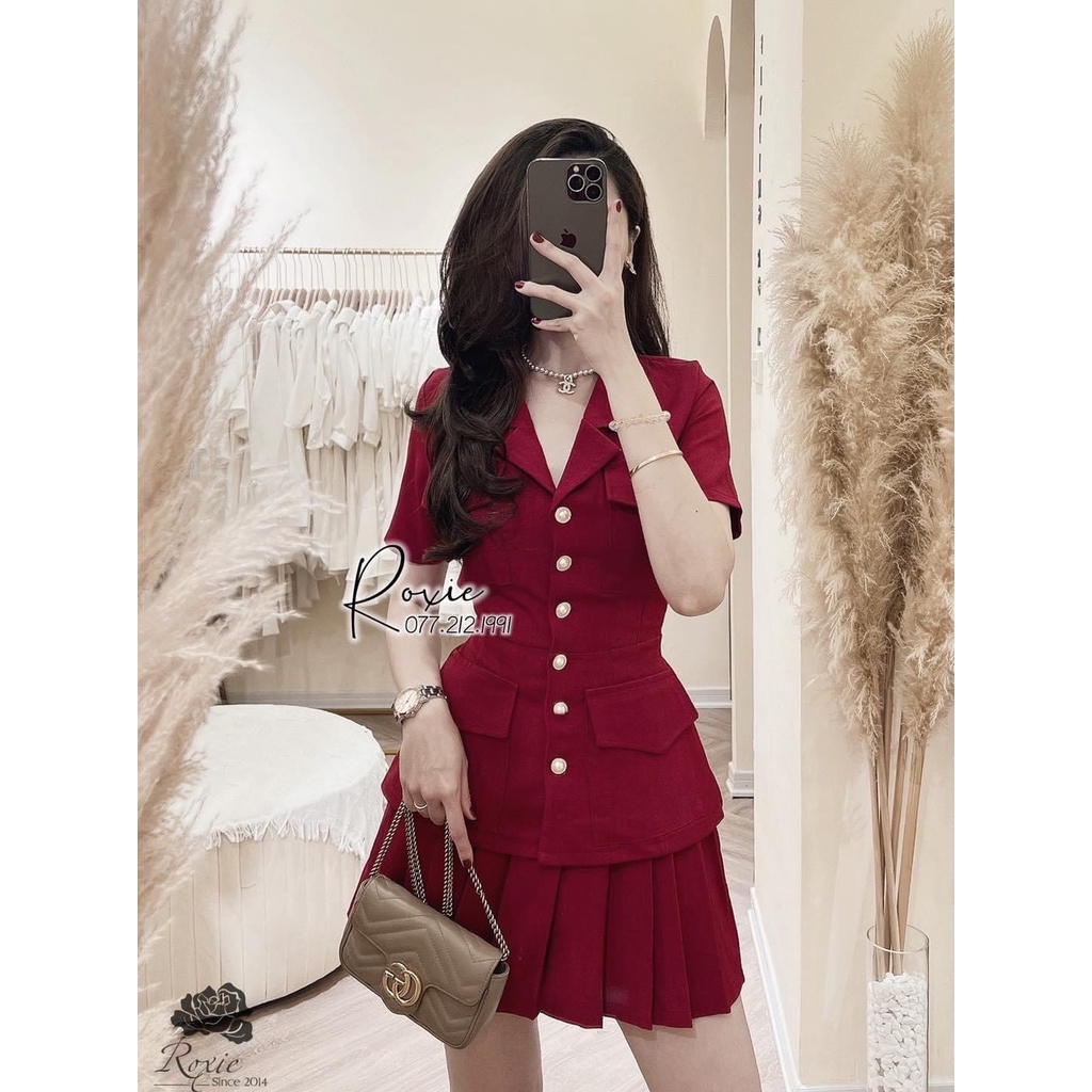 Set Vest nữ kèm chân váy xếp ly xòe cài cúc chất cực đẹp, Vest nữ công sở sang chảnh mặc đi làm, đi dự tiệc, đám cưới
