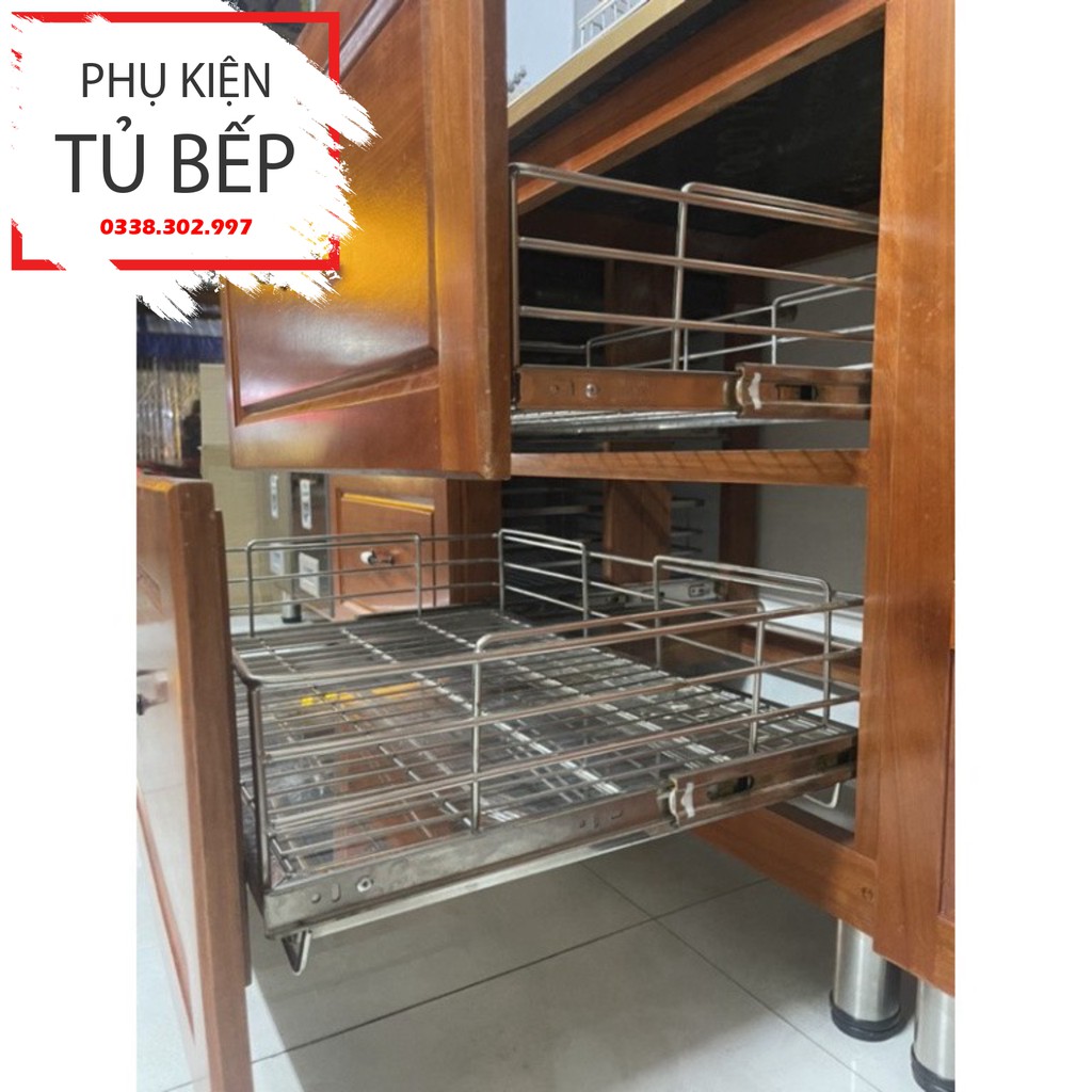 Giá để xoong nồi, giá kéo đựng xoong nồi lắp tủ bếp dưới kèm ray trượt inox 304 bán lẻ 1 tầng