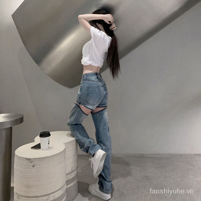 Quần jean dài lưng cao ống rộng có thể tháo rời thiết kế mới thời trang sành điệu cá tính cho nữ | BigBuy360 - bigbuy360.vn