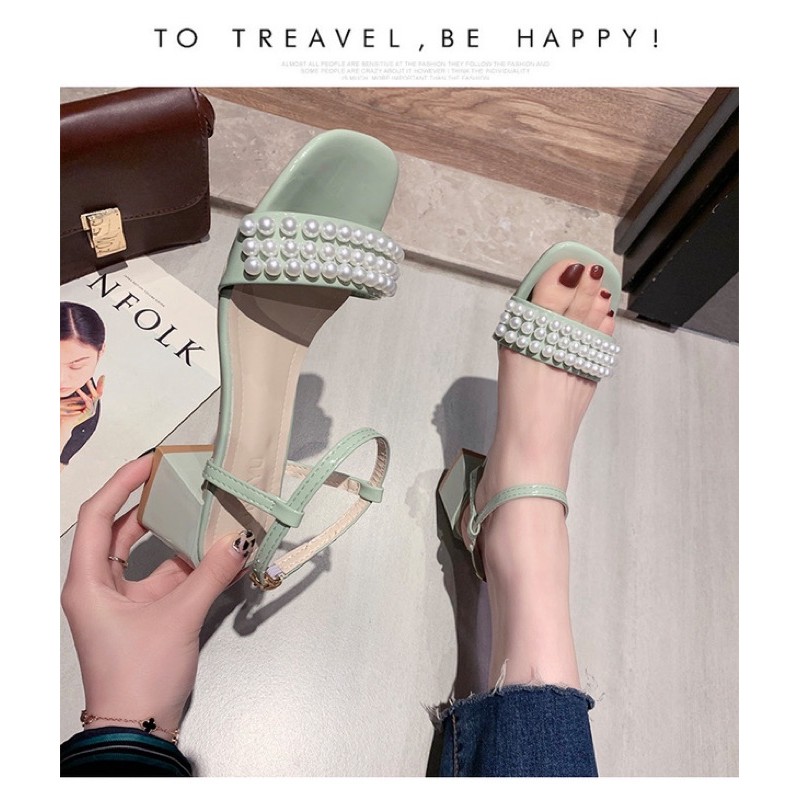 Sandal gót vuông ulzzang đính ngọc cao 5cm