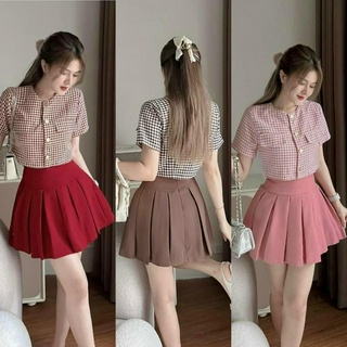 Sét áo caro bố kim tay ngắn kèm chân váy for xếp ly cực xinh