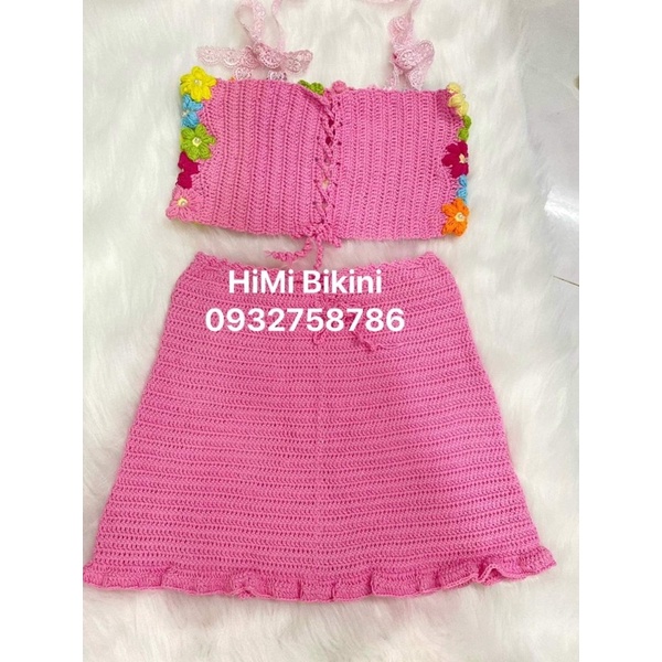 SET  ÁO HOA CHÂN VÁY HỒNG ĐÍNH HOA - BIKINI LEN MÓC có sẵn size SML