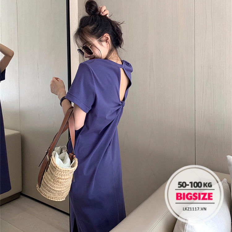 Đầm thun suông nữ Bigsize Váy dáng dài tay ngắn cổ tròn trơn hở lưng mùa hè Phong cách Hàn Quốc Thời Trang tiểu thư cá tính xinh đẹp cho người mập béo