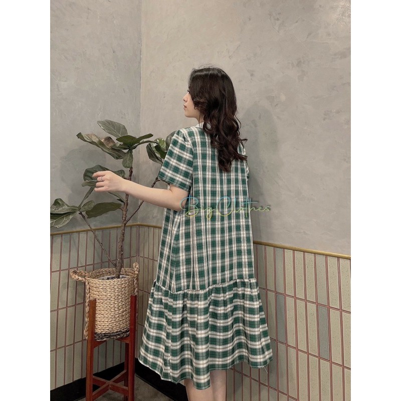 Váy babydoll đầm bigsize kẻ caro xanh họa tiết cổ trắng | BigBuy360 - bigbuy360.vn