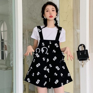 Quần yếm ngắn ống rộng màu đen thời trang mùa hè dễ thương cho nữ