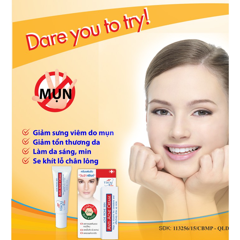 Gel Trị Mụn 4 Loại Kẽm - Vin21 Anti-Acne Cream +4Zinc - Thái Lan