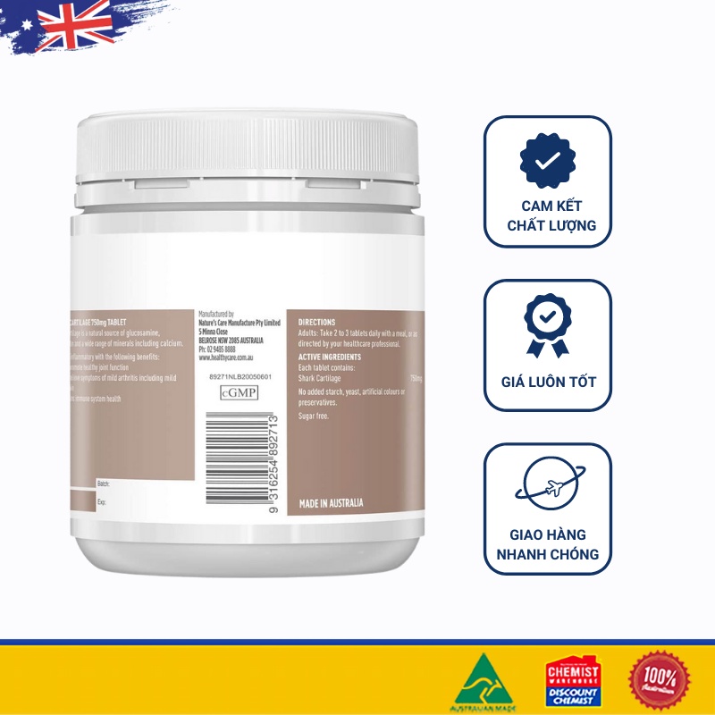Viên uống sụn cá mập Healthy Care Shark Cartilage 750mg 200 viên của Úc (SP3)