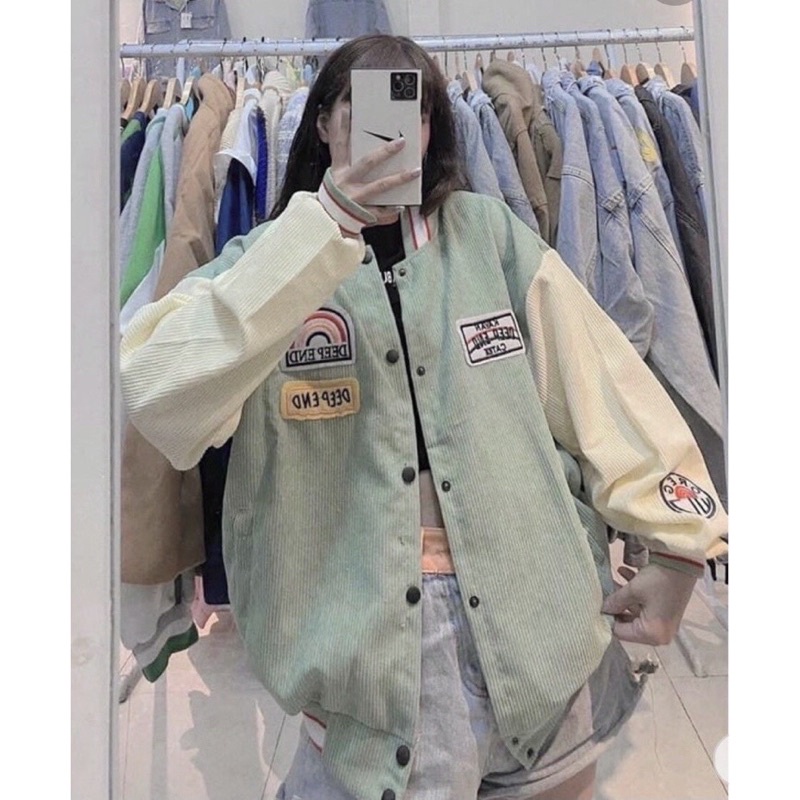 Áo Khoác Bomber Nhung Logo RAINBOW 🦋Áo Jacket Khuy Bấm Tay Bo Phối Màu Form Rộng 4 Màu 🦋
