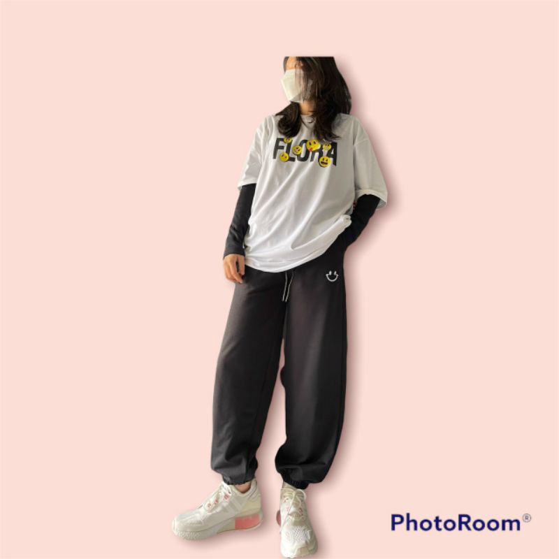 XPstore Quần jogger unisex thêu icon xinh xắn Đen/Xám (Ảnh thật)