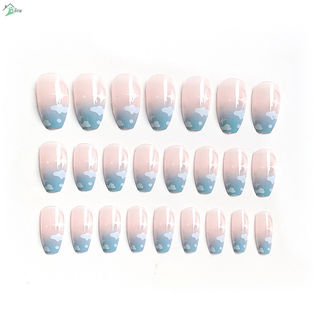 Set 24 Móng Tay Giả Dáng Dài Màu Xanh Dương Mây Xanh Thời Trang Cho Nữ