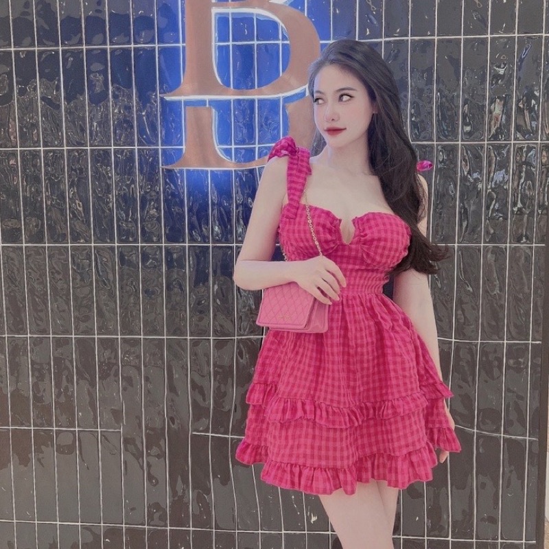 Đầm Dây Kẻ Caro hai dây buộc nơ tầng xinh nhiều màu