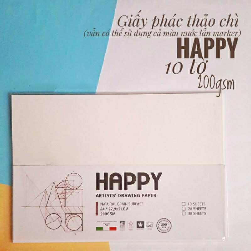 GIẤY VẼ TRANH CHÌ, TRUYỀN [SIÊU RẺ] THẦN HAPPY Ý 160,200gsm (Xấp10 tờ)