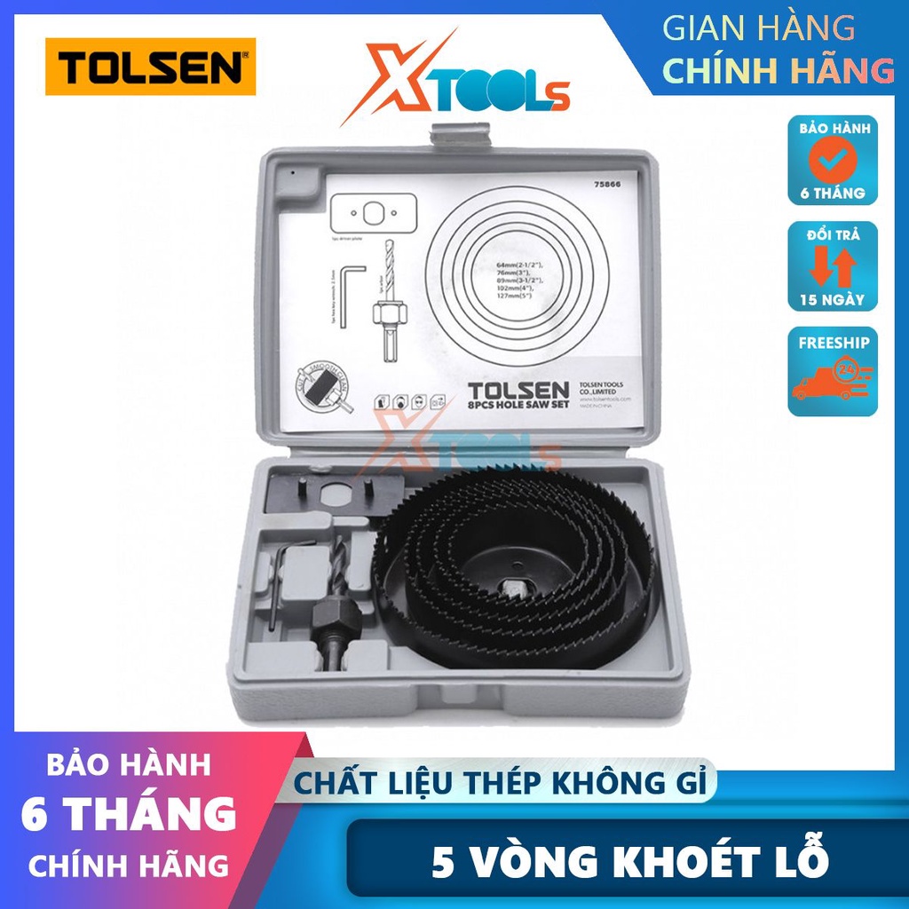 Bộ 8 vòng khoét lỗ lớn Tolsen 75866, chất liệu hợp kim thép size 64mm, 76mm, 89mm, 102mm, 127mm [CHÍNH HÃNG][XTOOLS]