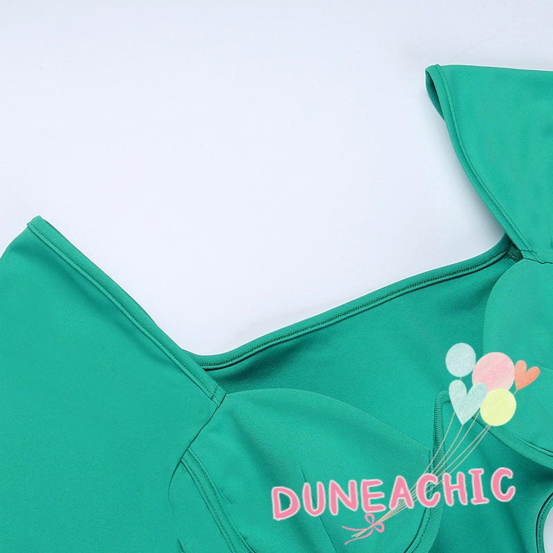 DUNEA Đầm Dài Tay Cổ Vuông Phối Xếp Li Xinh Xắn Dành Cho Nữ