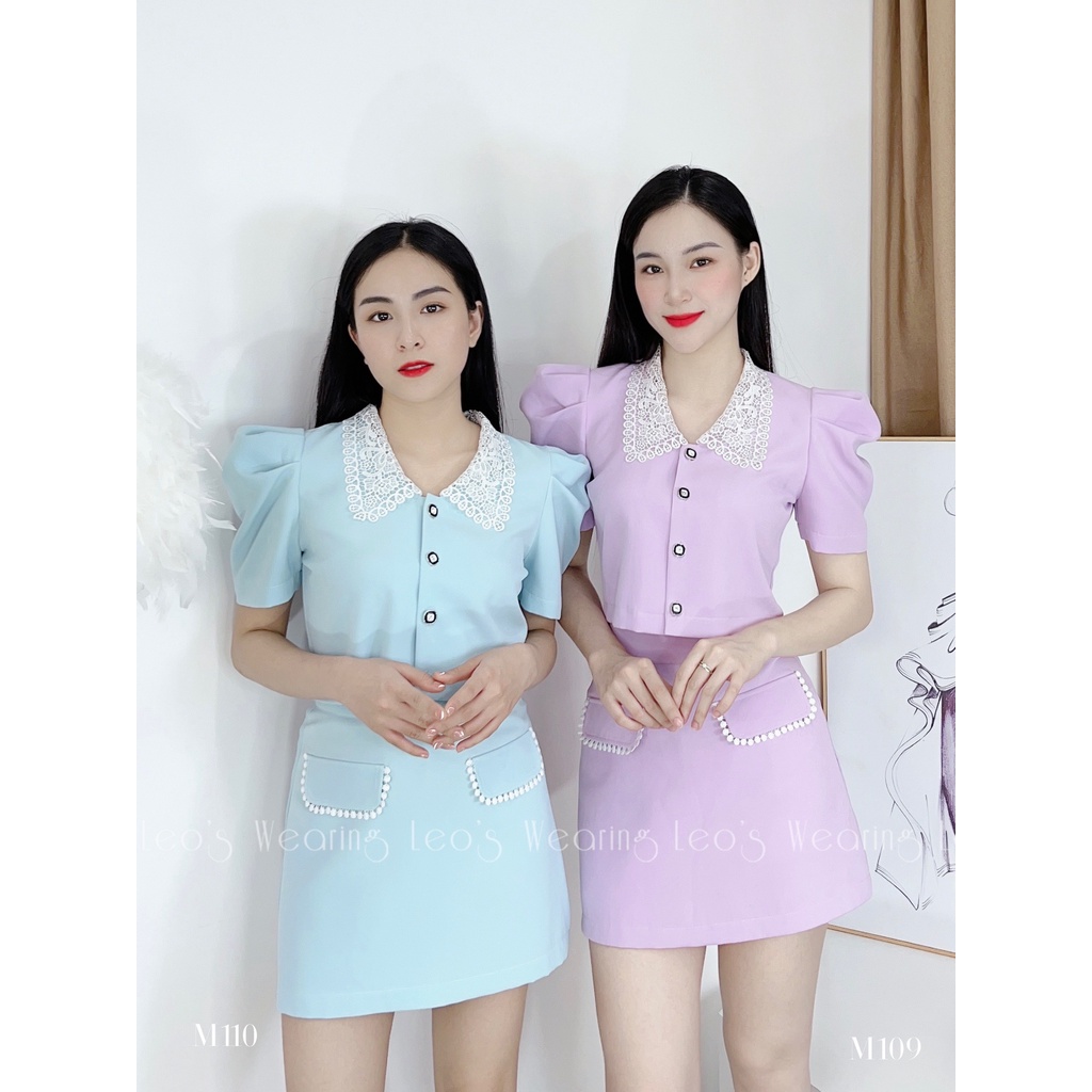 Set váy dáng ngắn chân váy chữ A mix áo sơ mi croptop cổ viền ren LEOSWEARING M109 M110