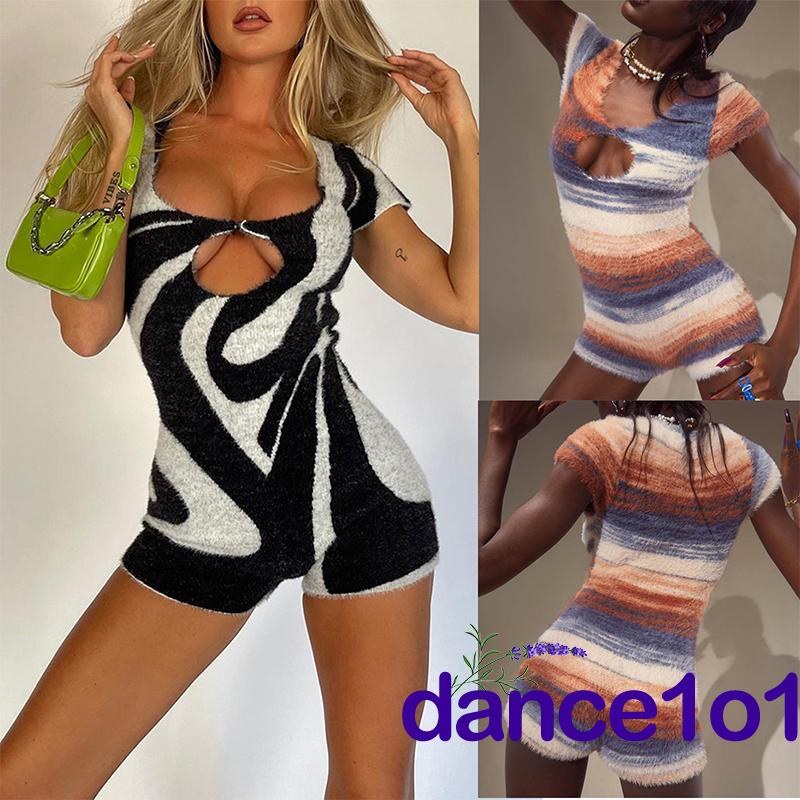 Áo liền quần tay ngắn in họa tiết màu tương phản thời trang cho nữ
