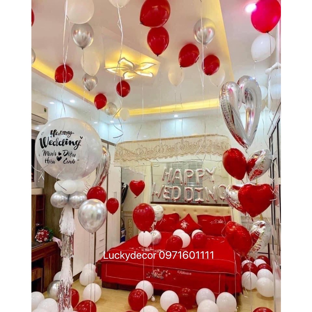 (Khuyến Mại Lớn) Bộ bóng bay trang trí phòng cưới, happy wedding đủ phụ kiện MH89