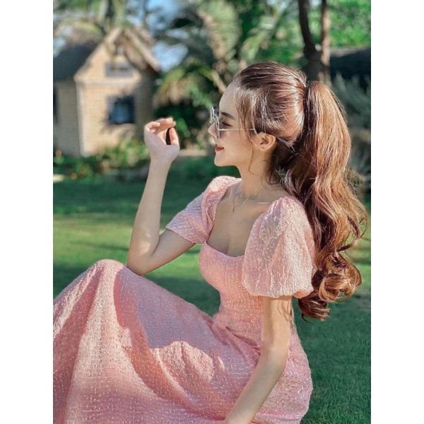 Đầm maxi xòe tay ngắn phồng hở lưng cột dây, váy dự tiệc xanh đan lông nhũ - MT95