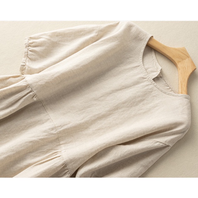 Đầm linen dáng suông, váy cổ tròn tay bo chun -Váy đẹp ngắn tay trơn basic