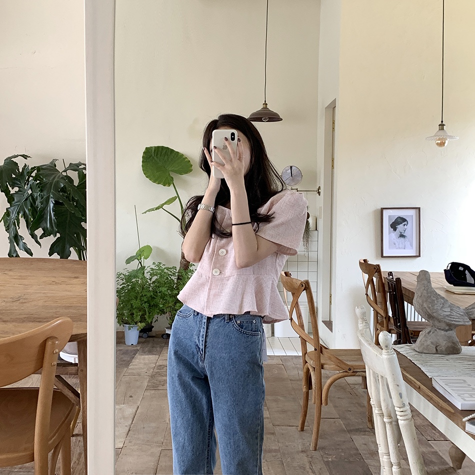 Áo Kiểu Tay Phồng Ngắn Cổ Vuông Thời Trang Hàn Quốc Xinh Xắn Cho Nữ