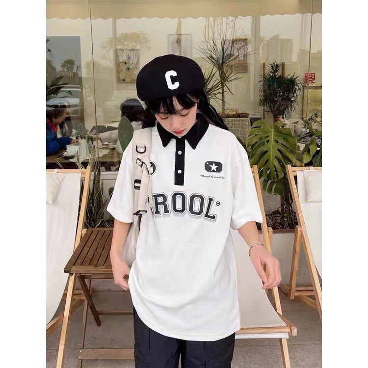 Áo Polo Nam Nữ Form Rộng Tay Lỡ Unisex, Áo Đôi Nam Nữ Họa Tiết In Chữ CROOL Cá Tính