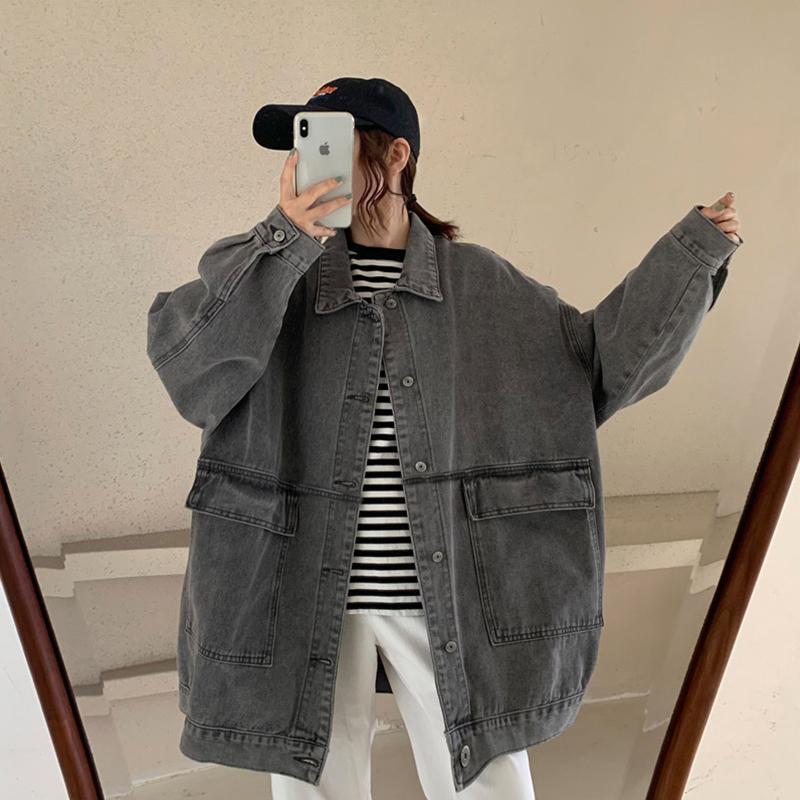Áo khoác denim tay dài thiết kế đơn giản phong cách thoải mái cho nữ
