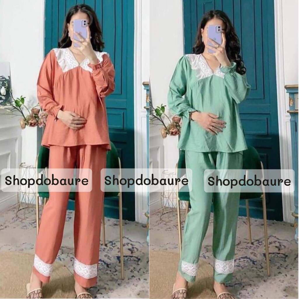 Bộ bầu và sau sinh vải đũi,cổ ren dài tay có khóa kéo cho bé bú sau sinh