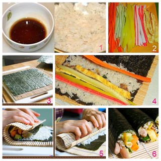 Nguyên liệu làm kimbap ( rong biển 4 lá, mành tre, thanh cua)