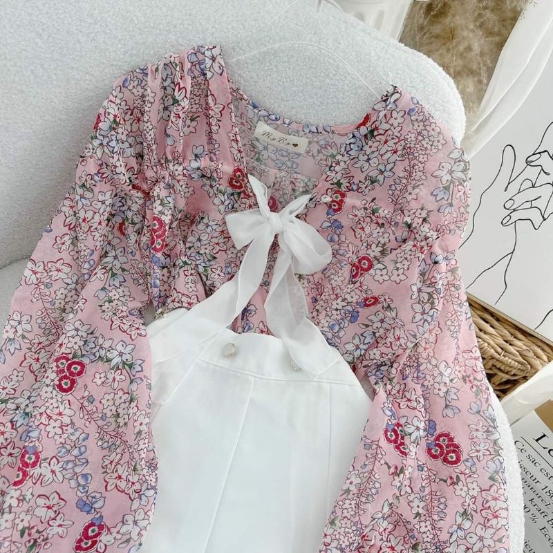 SET ÁO HOA NƠ TRẮNG TAY PHỒNG  + SHORT
