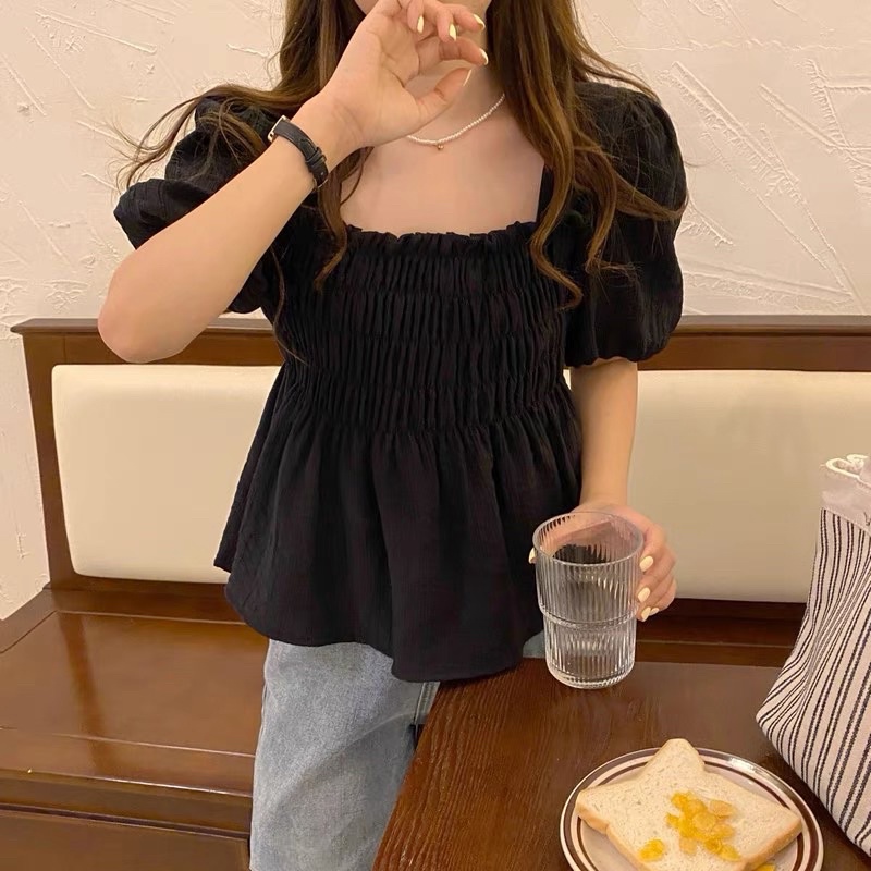 Áo Nữ dáng babydoll nhún ngực tay bồng tiểu thư m140