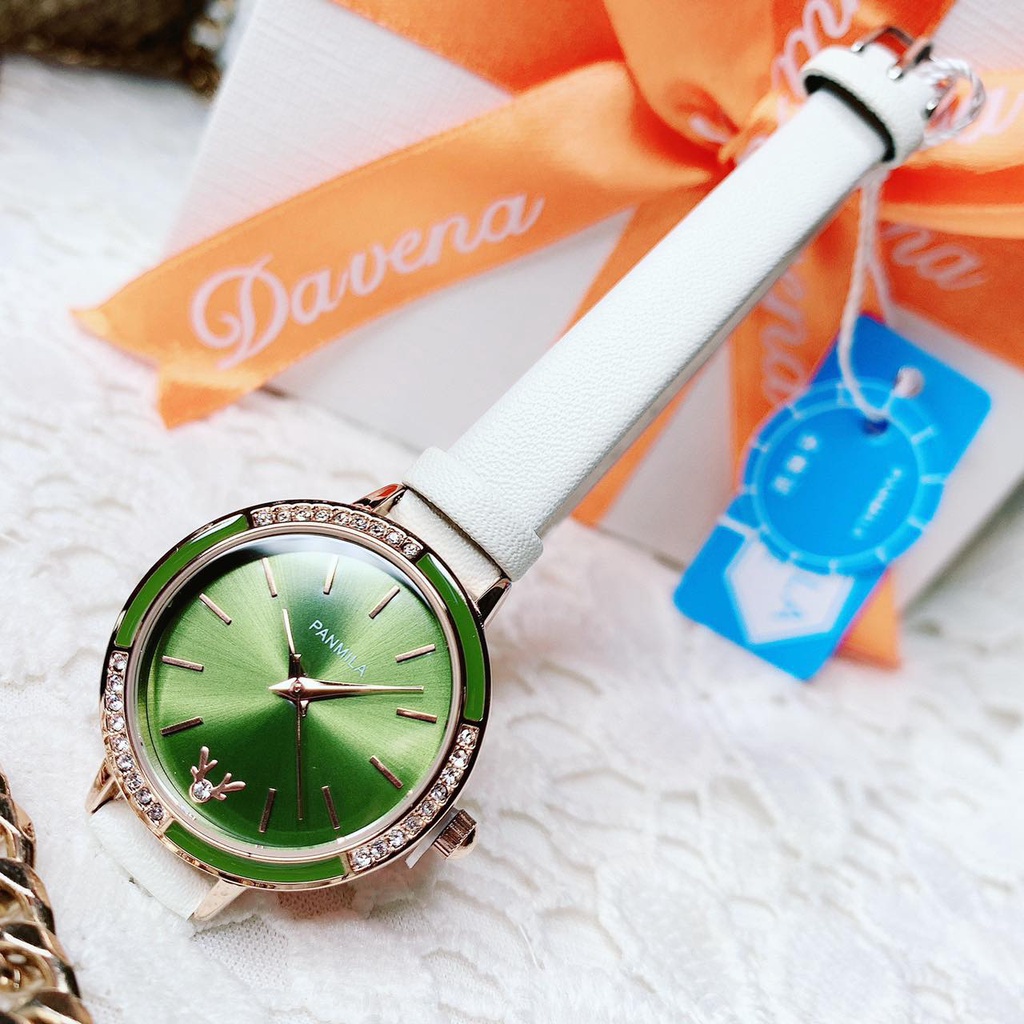 Đồng hồ nữ Panmila 0540 mẫu mới 2021 dây da, mặt tròn đính đá