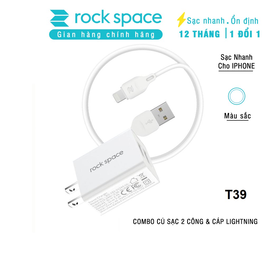 Bộ sạc nhanh iphone Rockspace T39 2 cổng 2,4A + Cáp sạc iphone, màu trắng, hàng chính hãng, bảo hành 12 tháng