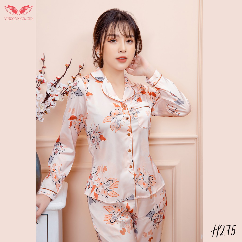 Bộ Đồ Nữ Pyjama Mặc Nhà VINGO Lụa Pháp Cao Cấp Áo Tay Dài Quần Dài Họa Tiết Hoa Lá Trẻ Trung Thu Đông H275 VNGO - TDQD | BigBuy360 - bigbuy360.vn