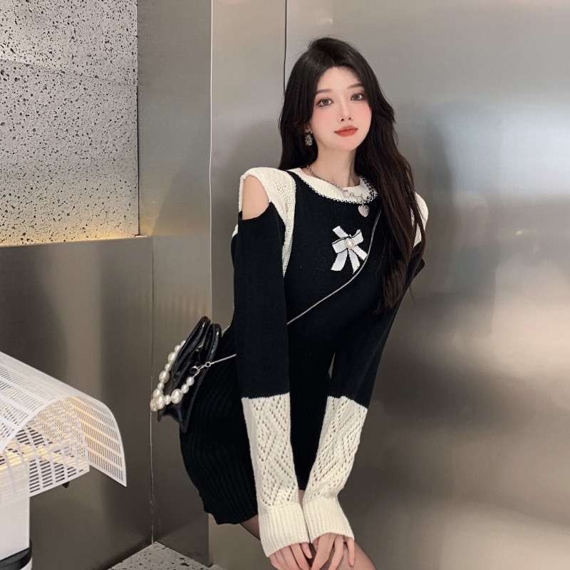 Đầm nữ dệt kim ZHELIHANGFEI tay dài lộ vai gợi cảm thời trang