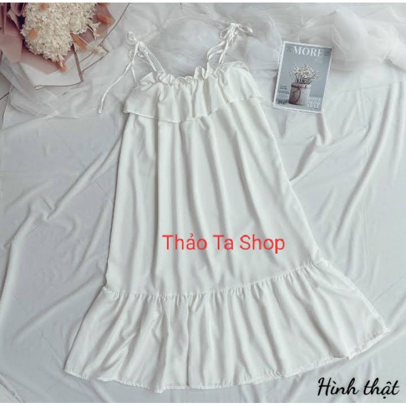 Đầm 2 dây tiểu thư viền bèo chất vải voan dầy hàng y hình shop tự chụp ( free size dưới 55kg)