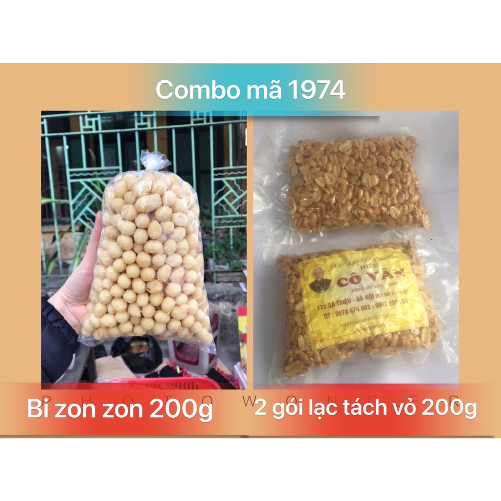 Combo mã 1974 gồm 01 gói bi zon zon 200 gam và 02 gói lạc đỏ tách vỏ rang húng lìu loại 200 gam, đặc sản Hà Nội