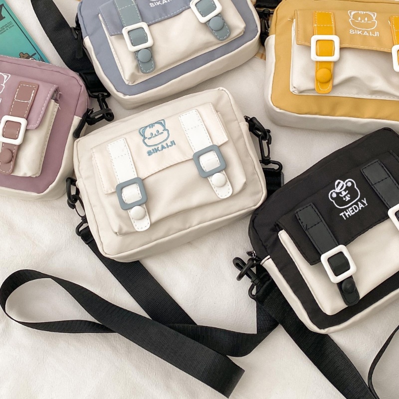 Túi Đeo Chéo Vai Bằng Nylon Họa Tiết Thêu Hình Gấu Có Thể Tái Sử Dụng Cho Nữ