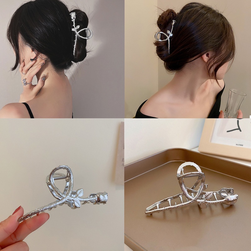 Kẹp Tóc Kim Loại Bạc Hình Hoa Hồng Độc Đáo Thời Trang