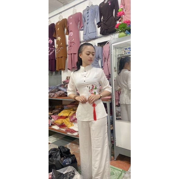 MẪU NGỌC BỘI, ĐỒ LAM ĐI CHÙA, THỜI TRANG ĐỒ LAM, ĐỒ BỘ NỮ, VẢI LỤA HÀN QUỐC, SIÊU MỊN, KHÔNG NHĂN, EO THON