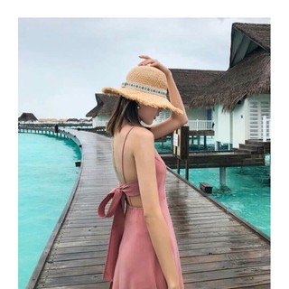 Đầm maxi đi biển nơ lưng có mút chất lụa