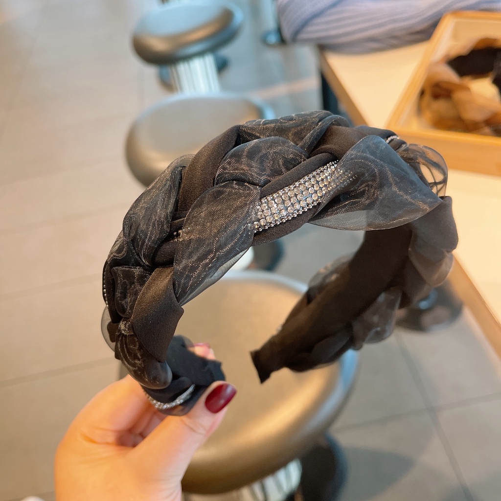 Băng Đô Vải Bản Rộng Thắt Nút Xoắn Đính Đá Kiểu Retro Phong Cách Hàn Quốc