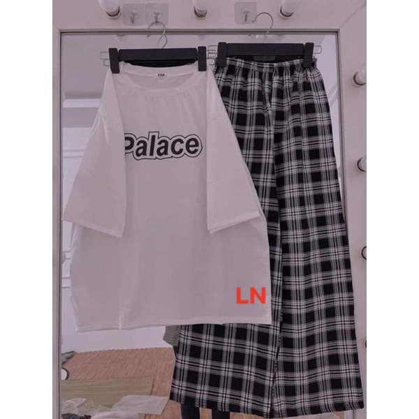 Sét áo trắng in hình + quần kẻ ô TH6