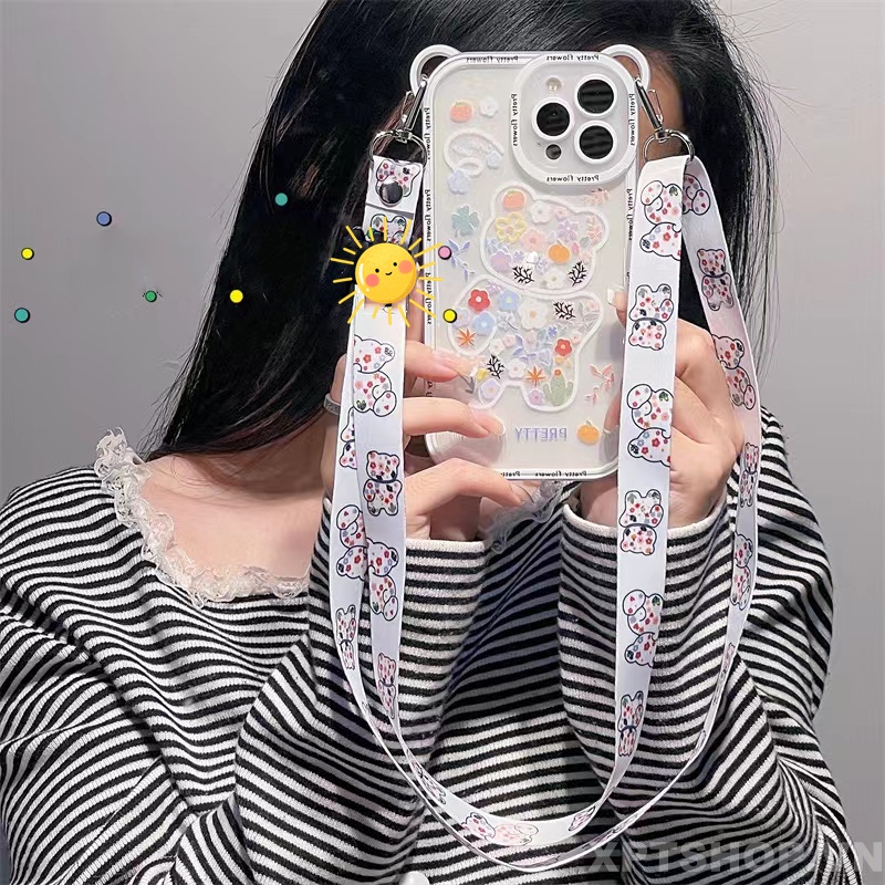Ốp Điện Thoại Silicon Mềm Chống Sốc Hình Gấu Ngồi Và Hoa Có Dây Đeo Cho iPhone14 Pro Max 13 Pro Max 12 Pro Max 11 Pro Max