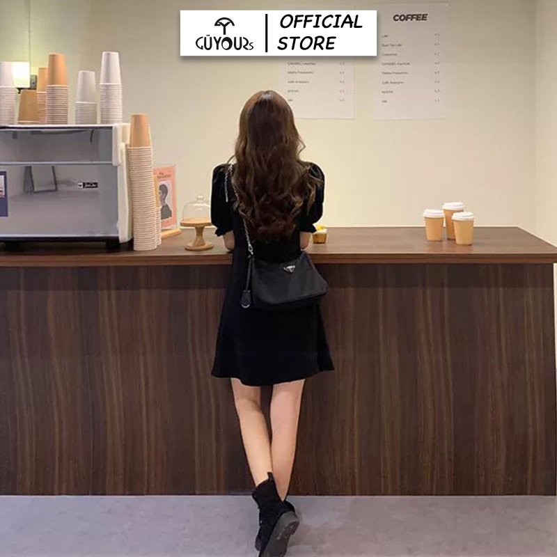 Váy xòe dự tiệc GUYOURs thiết kế cổ nhún váy xẻ tà vải tuyết mưa cao cấp màu đen GUV113 | BigBuy360 - bigbuy360.vn