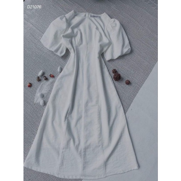 Đầm midi tay phồng chạy viền