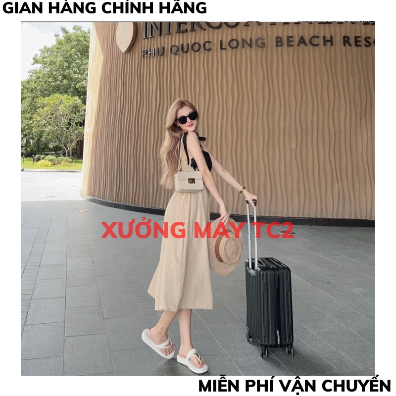 Đầm 2 Dây Thắt Nơ Vai Màu be phối đen, Váy  2 Dây Cột Nơ Vai Bánh Bèo, Maxi Đi Biển Form Chuẩn