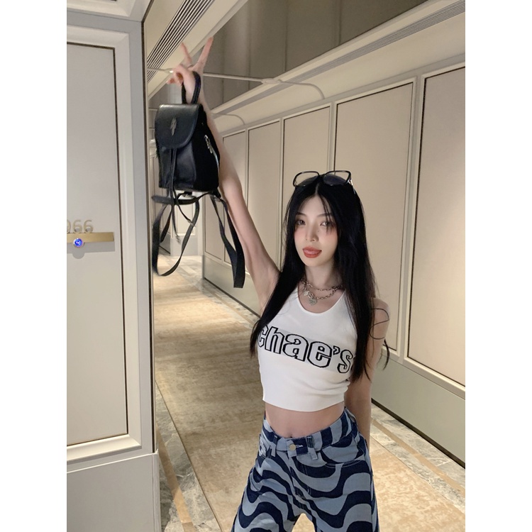 Áo Hai Dây Mùa Hè Dáng Ngắn Ôm Sát Họa Tiết Gia Vị Mỹ Độc Đáo Cho Nữ